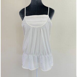 LOFT Off White Sleeveless Cotton Tank Top With Lace Trimmed Yoke & Elastic Waist